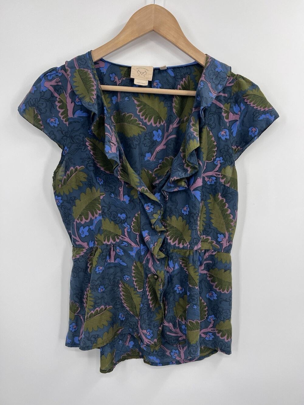 Vanessa Virginia Anthropologie Dark Floral Cap Sleeve Ruffle Blouse Silk Size 8